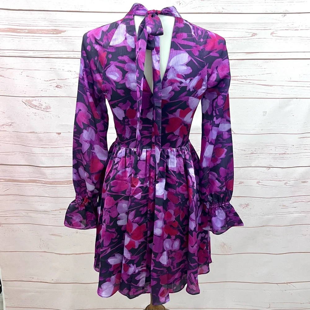 NWT Ted Baker Sammieh Purple Floral Long Sleeve Keyhole High Neck Flare Dress